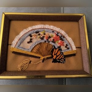 Crewel fan with butterfly framed